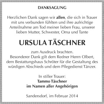 Traueranzeige von Ursula Täschner von WVG - Wochenspiegel Bitterfeld
