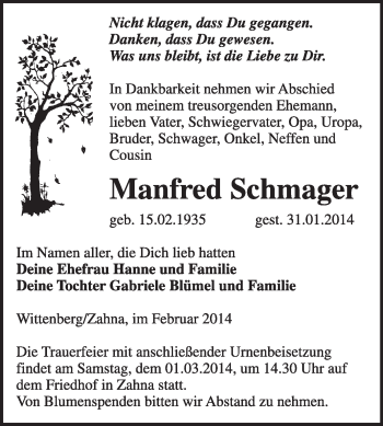 Traueranzeige von Manfred Schmager von Super Sonntag Wittenberg