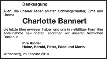 Traueranzeige von Charlotte Bannert von Super Sonntag Wittenberg