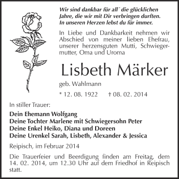 Traueranzeige von Lisbeth Märker von WVG - Wochenspiegel Merseburg