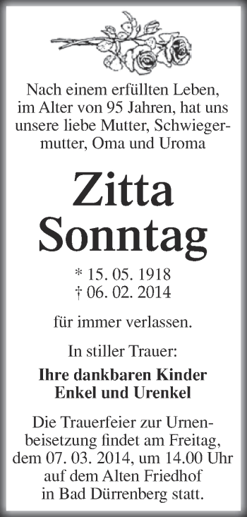 Traueranzeige von Zitta Sonntag von Super Sonntag Merseburg