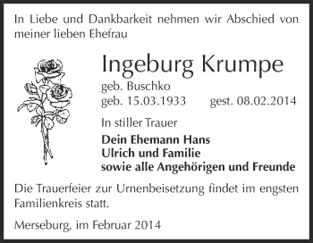 Traueranzeige von Ingeburg Krumpe von Super Sonntag Merseburg