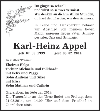 Traueranzeige von Karl-Heinz Appel von Super Sonntag Aschersleben