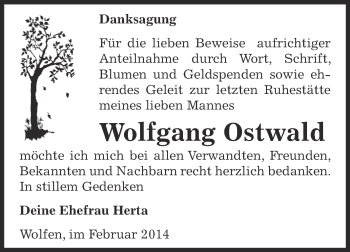 Traueranzeige von Wolfgang Ostwald von WVG - Wochenspiegel Bitterfeld