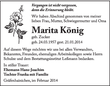 Traueranzeige von Marita König von WVG - Wochenspiegel Wittenberg