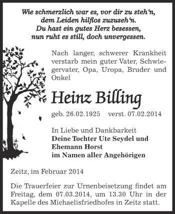 Traueranzeige von Heinz Billing von Super Sonntag Zeitz