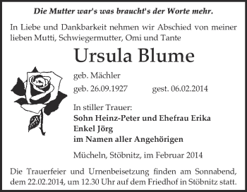 Traueranzeige von Ursula Blume von WVG - Wochenspiegel Merseburg
