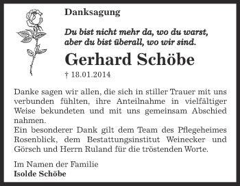 Traueranzeige von Gerhard Schöbe von Super Sonntag Bernburg