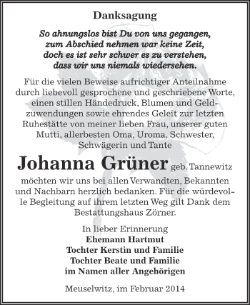 Traueranzeige von Johanna Grüner von Super Sonntag Zeitz