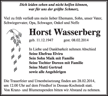 Traueranzeige von Horst Wasserberg von Super Sonntag Dessau / Köthen