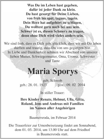 Traueranzeige von Maria Sporys von WVG - Wochenspiegel NMB / WSF / ZTZ