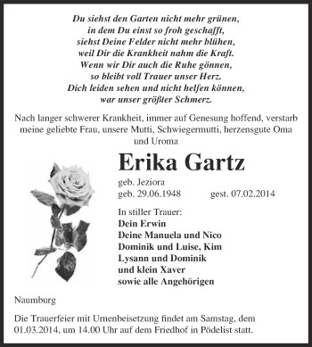 Traueranzeige von Erika Gartz von WVG - Wochenspiegel NMB / WSF / ZTZ