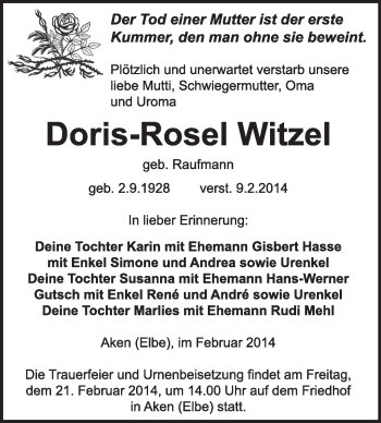 Traueranzeige von Doris-Rosel Witzel von Super Sonntag Dessau / Köthen