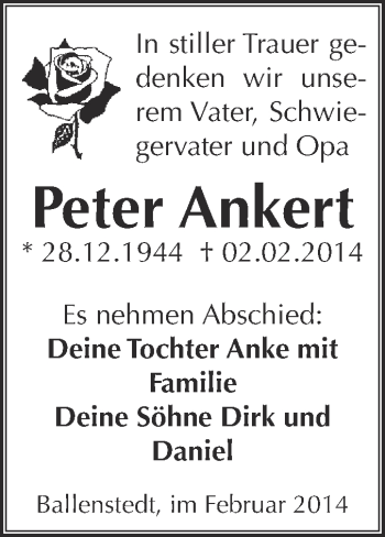 Traueranzeige von Peter Ankert von Wochenspiegel Mansfelder Land