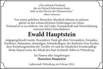 Traueranzeige von Ewald Hauptstein von WVG - Wochenspiegel Wittenberg