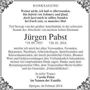 Traueranzeige von Jürgen Pabst von Super Sonntag Merseburg