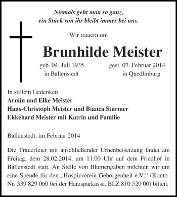 Traueranzeige von Brunhilde Meister von WVG - Wochenspiegel Quedlinburg