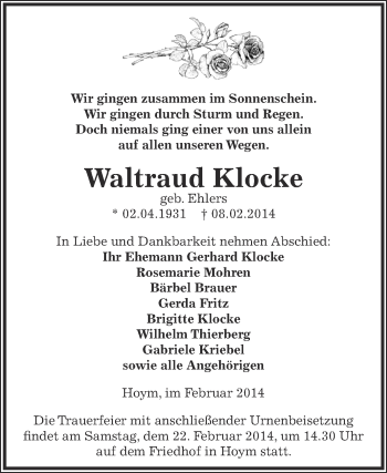 Traueranzeige von Waltraud Klocke von Super Sonntag Aschersleben