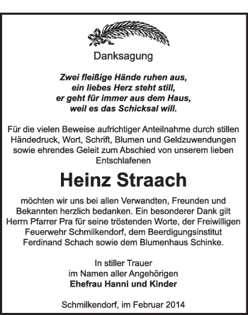 Traueranzeige von Heinz Straach von Super Sonntag Wittenberg