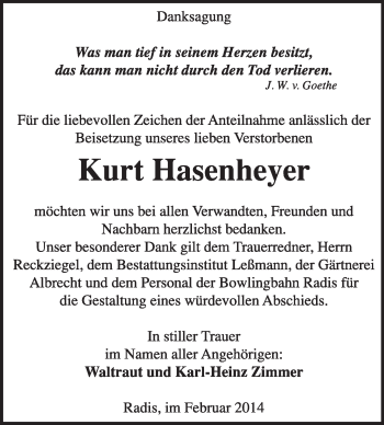 Traueranzeige von Kurt Hasenheyer von WVG - Wochenspiegel Wittenberg