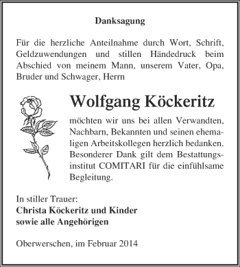 Traueranzeige von Wolfgang Köckeritz von WVG - Wochenspiegel NMB / WSF / ZTZ