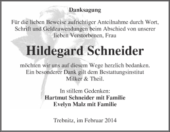 Traueranzeige von Hildegard Schneider von WVG - Wochenspiegel NMB / WSF / ZTZ