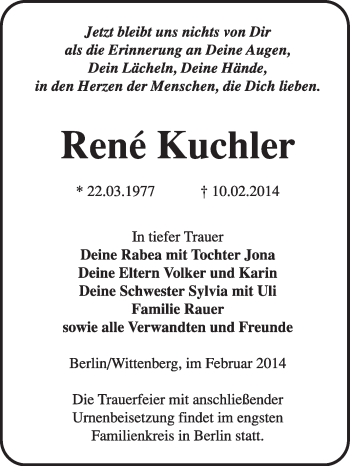 Traueranzeige von René Kuchler von Super Sonntag Wittenberg