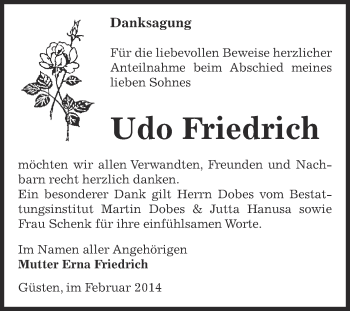 Traueranzeige von Udo Friedrich von Super Sonntag Bernburg