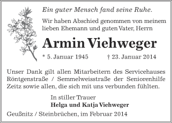 Traueranzeige von Armin Viehweger von Super Sonntag Zeitz