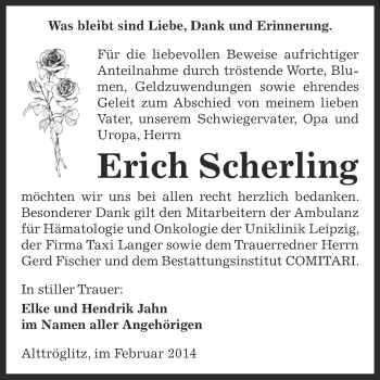 Traueranzeige von Erich Scherling von Super Sonntag Zeitz