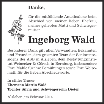 Traueranzeige von Ingeborg Wald von Super Sonntag Bernburg