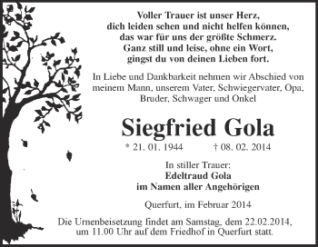 Traueranzeige von Siegfried Gola von WVG - Wochenspiegel Merseburg