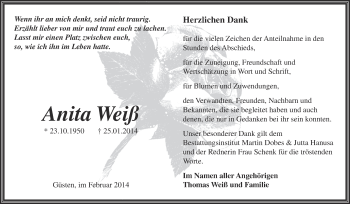 Traueranzeige von Anita Weiß von Super Sonntag Bernburg