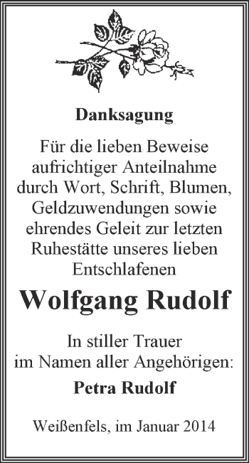 Traueranzeige von Wolfgang Rudolf von WVG - Wochenspiegel NMB / WSF / ZTZ