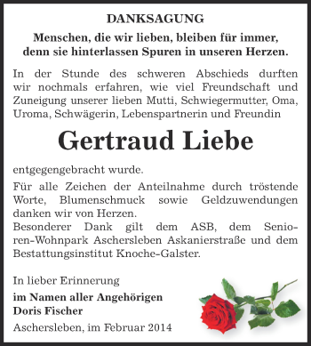 Traueranzeige von Gertraud Liebe von WVG - Wochenspiegel Aschersleben