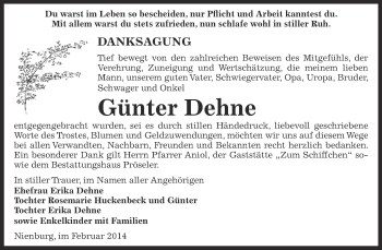Traueranzeige von Günter Dehne von Super Sonntag Bernburg