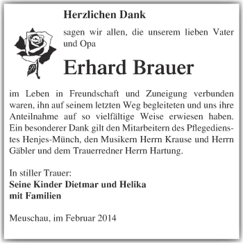 Traueranzeige von Erhard Brauer von Super Sonntag Merseburg