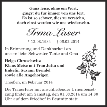 Traueranzeige von Irma Laser von Super Sonntag Zeitz