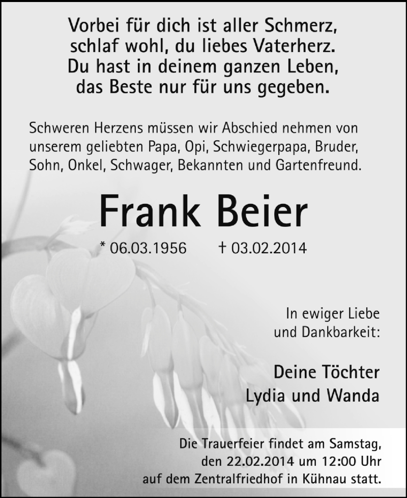  Traueranzeige für Frank Beier vom 16.02.2014 aus Super Sonntag Dessau / Köthen