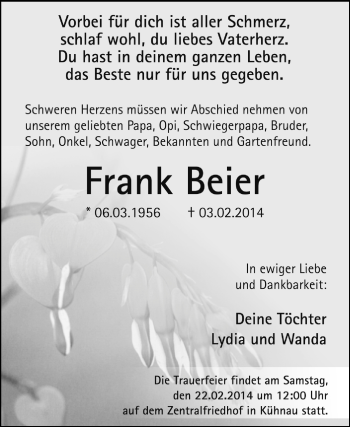 Traueranzeige von Frank Beier von Super Sonntag Dessau / Köthen