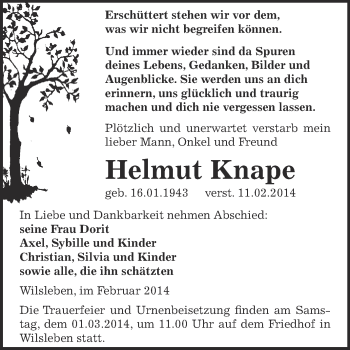 Traueranzeige von Helmut Knape von Super Sonntag Aschersleben