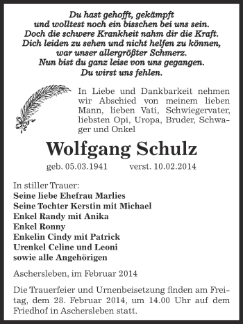 Traueranzeige von Wolfgang Schulz von Super Sonntag Aschersleben