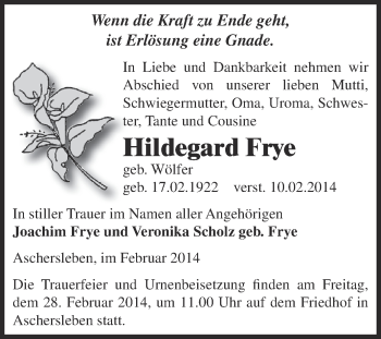 Traueranzeige von Hildegard Frye von Super Sonntag Aschersleben