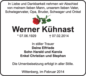 Traueranzeige von Werner Kühnast von WVG - Wochenspiegel Wittenberg