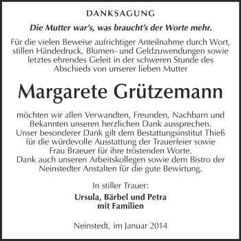 Traueranzeige von Margarete Grützemann von WVG - Wochenspiegel Quedlinburg