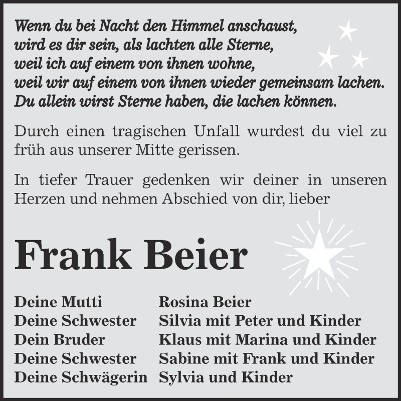  Traueranzeige für Frank Beier vom 19.02.2014 aus WVG - Wochenspiegel Dessau / Köthen