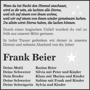 Traueranzeige von Frank Beier von WVG - Wochenspiegel Dessau / Köthen
