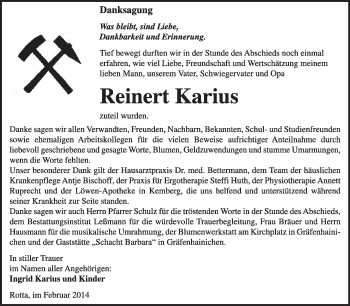 Traueranzeige von Reinert Karius von WVG - Wochenspiegel Wittenberg