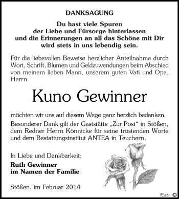 Traueranzeige von Kuno Gewinner von WVG - Wochenspiegel NMB / WSF / ZTZ