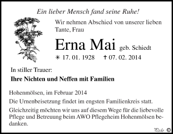 Traueranzeige von Erna Mai von WVG - Wochenspiegel NMB / WSF / ZTZ